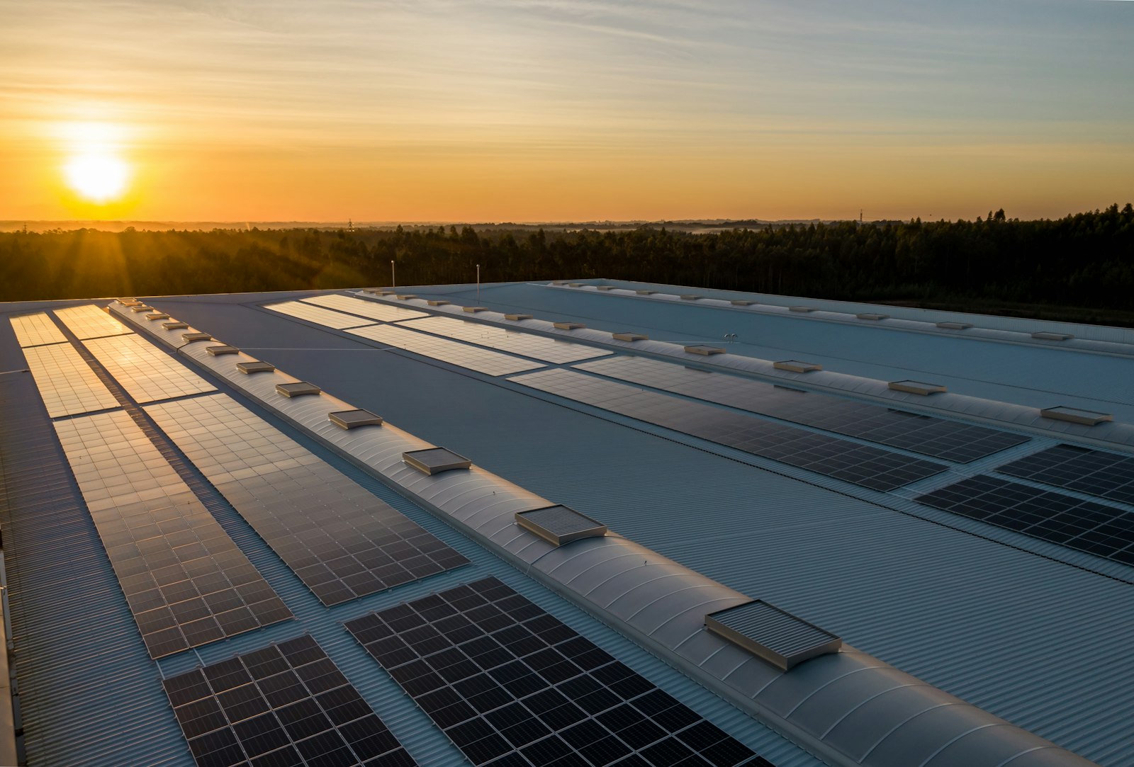 Solar panels installed on a commercial rooftop at sunset